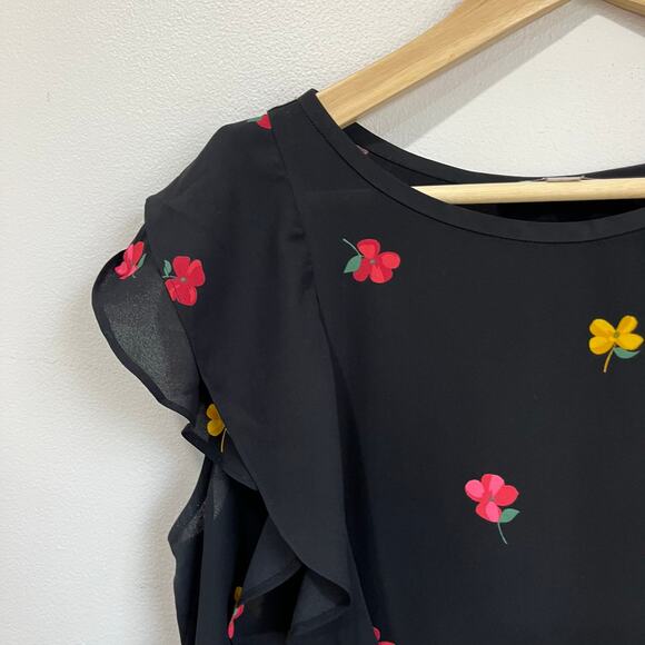 LOFT Black Floral Ruffle Sleeve Blouse Size L Feminine Chic Office Cute - Picture 5 of 9
